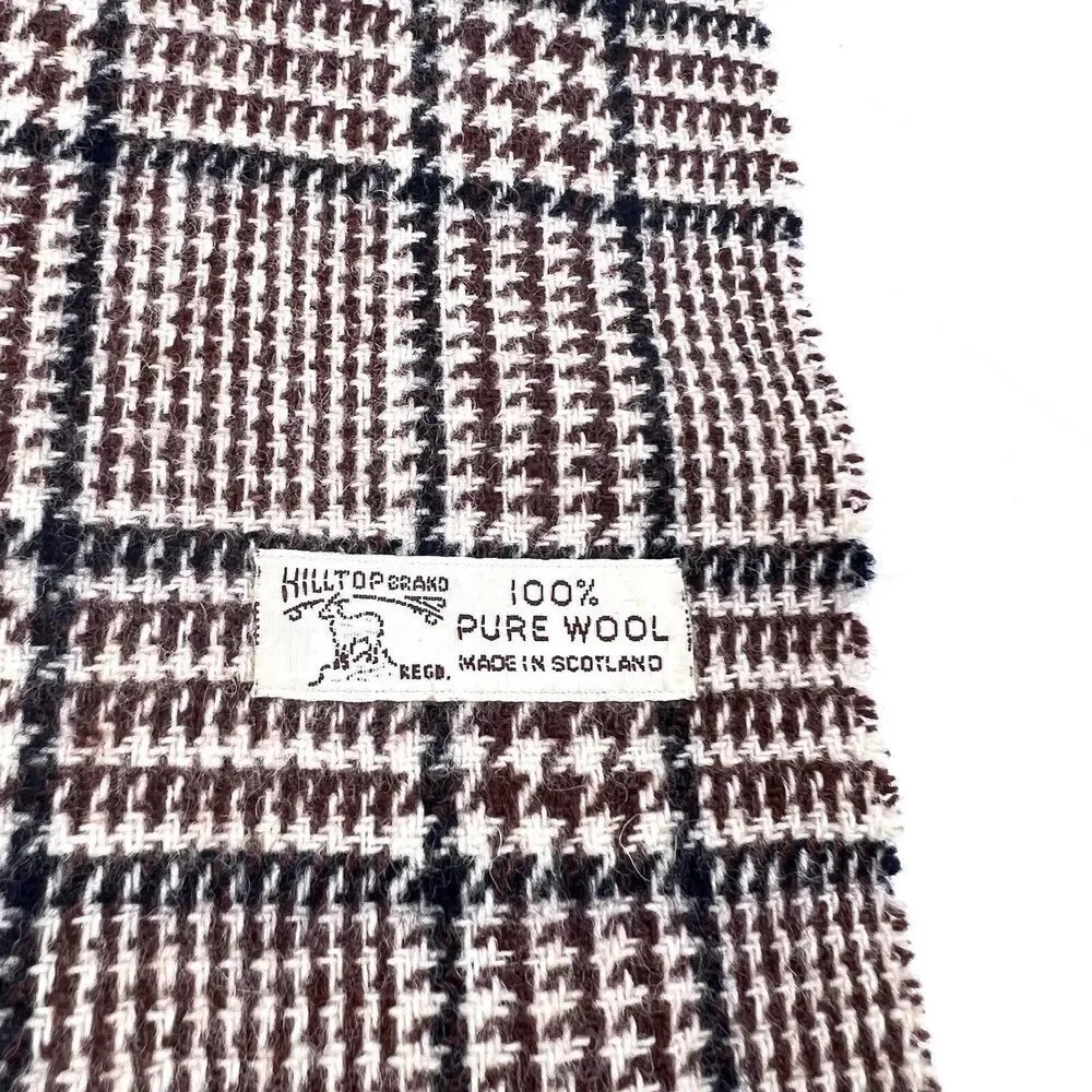 Vintage Hilltop Scotland 100% Wool Scarf Black Brown Plaid Unisex 54